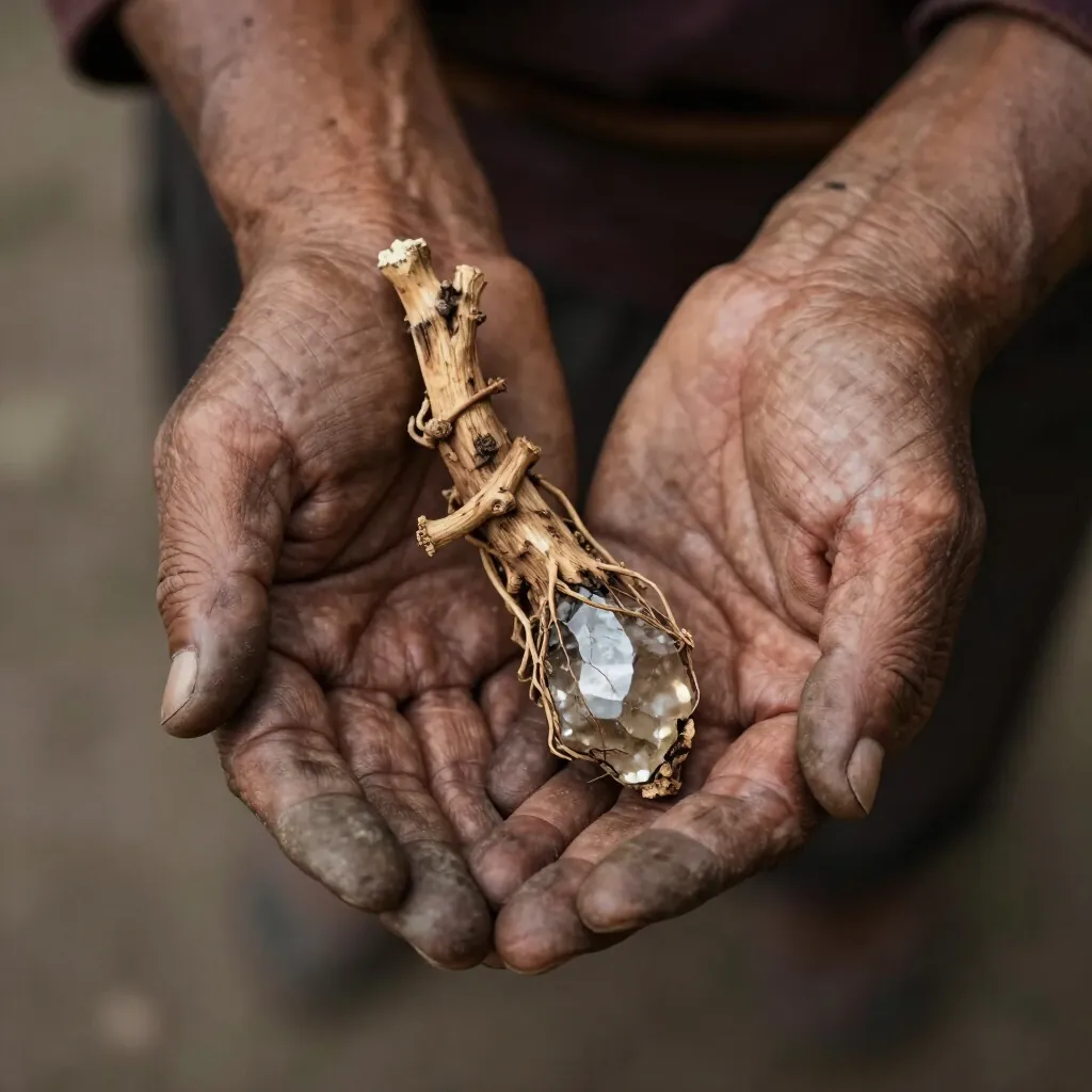 Weathered hands holding a piece of sacred root