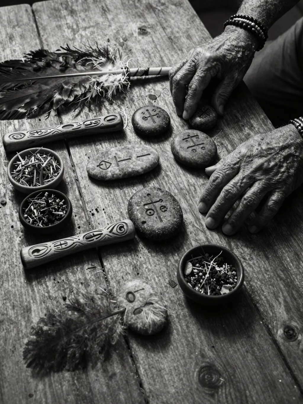 Shamanic tools and medicines laid out on a wooden table